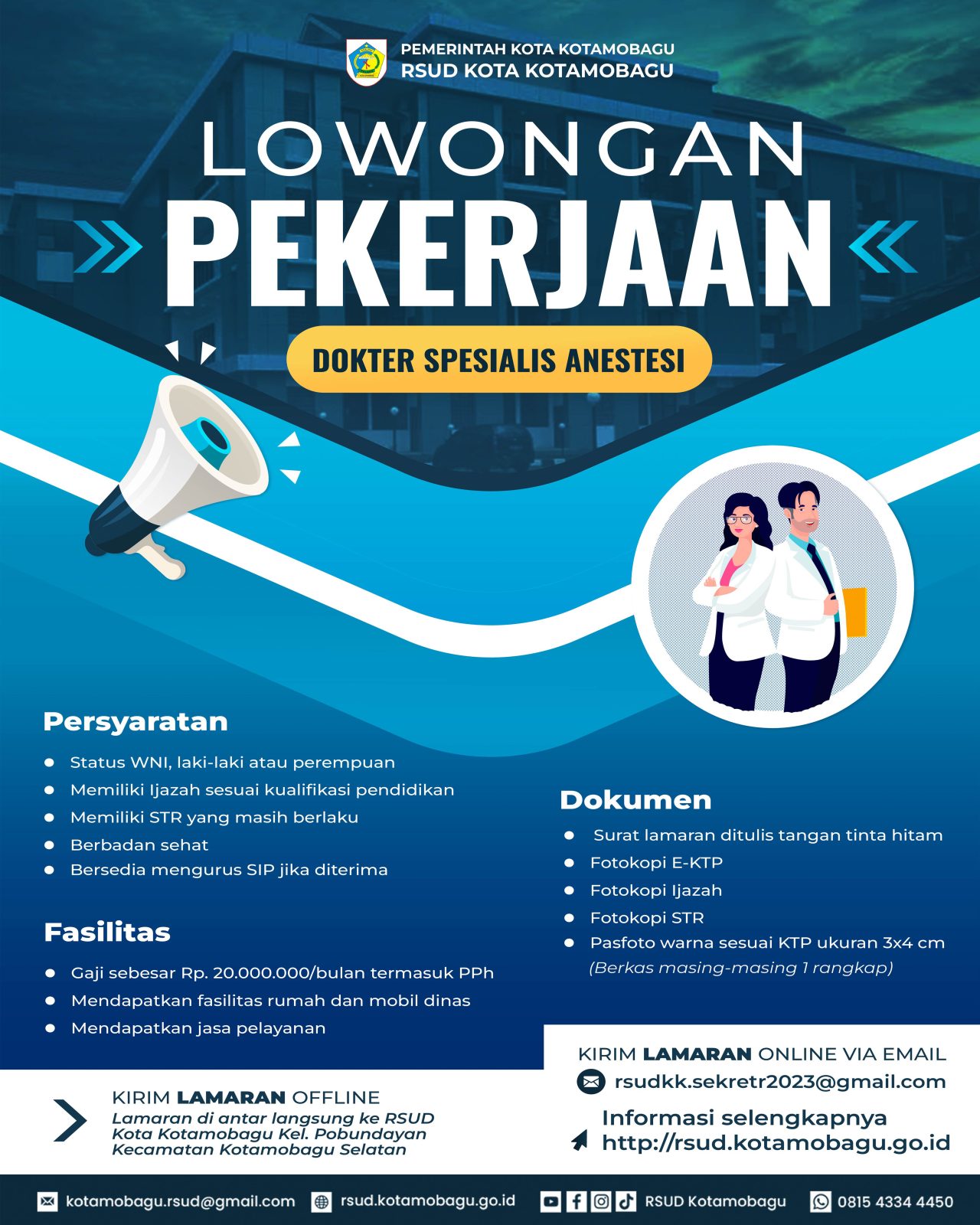 RSUD Kota Kotamobagu Buka Lowongan untuk Dokter Spesialis Anestesi, Ini Syaratnya